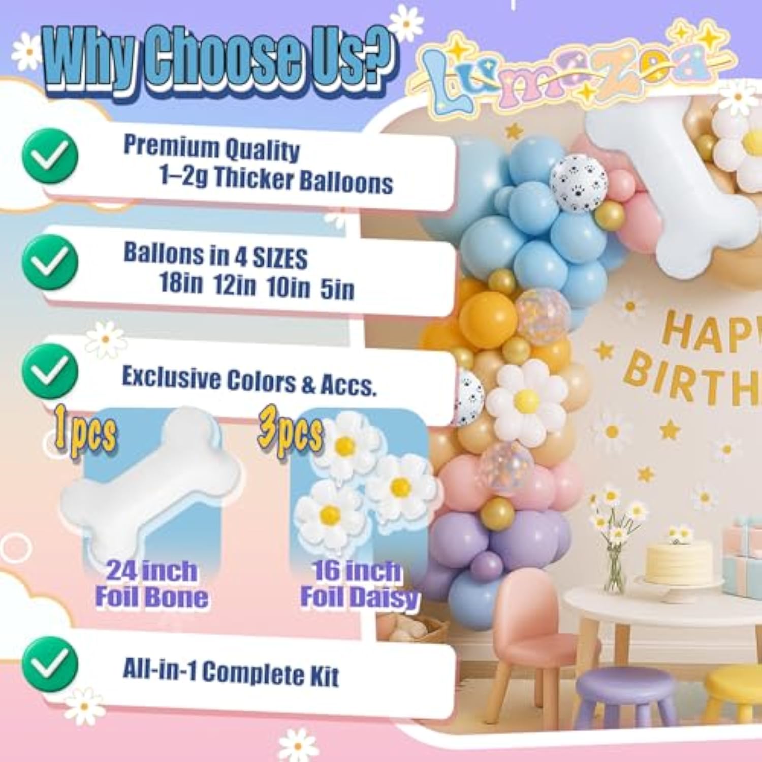 164pcs Blue Balloon Arch Kit with Daisy Bone Foils for Parties and Baby Showers