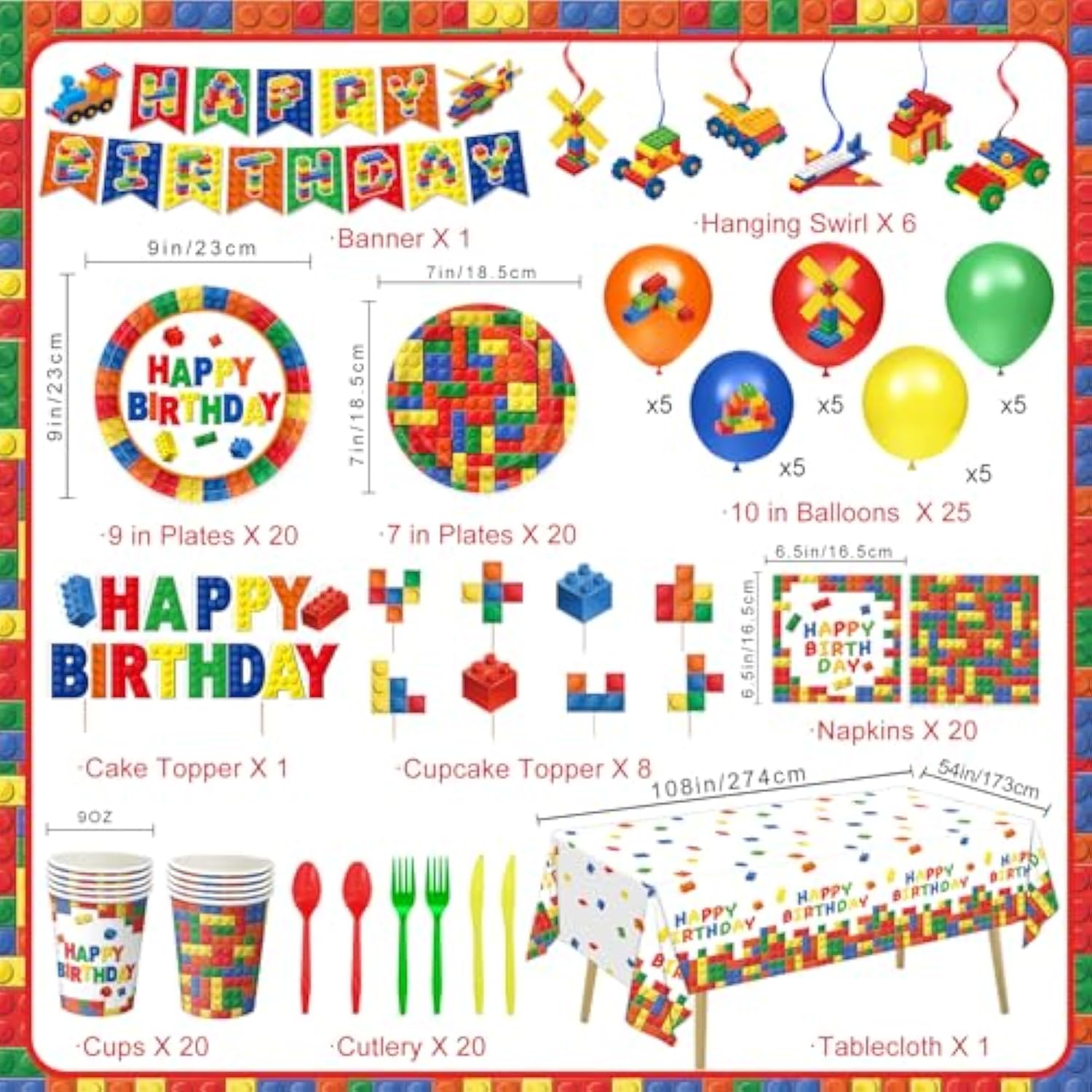 173 Pcs Building Block Birthday Party Decorations - Plates, Napkins, Cups, Cutlery, Cake & Cupcake Toppers, Banner, Hanging Swirls, Tablecloth, Balloons For Boys' Kids' Birthday Party, Serves 20