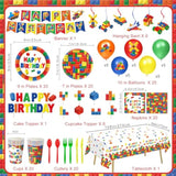 173 Pcs Building Block Birthday Party Decorations - Plates, Napkins, Cups, Cutlery, Cake & Cupcake Toppers, Banner, Hanging Swirls, Tablecloth, Balloons For Boys' Kids' Birthday Party, Serves 20