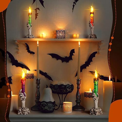 Halloween Decorations, 10 Pack Lighted Battery Operated Skeleton Hands Hold Candle with Stakes, Pathway Decor for Indoor Outdoor Party Home Garden