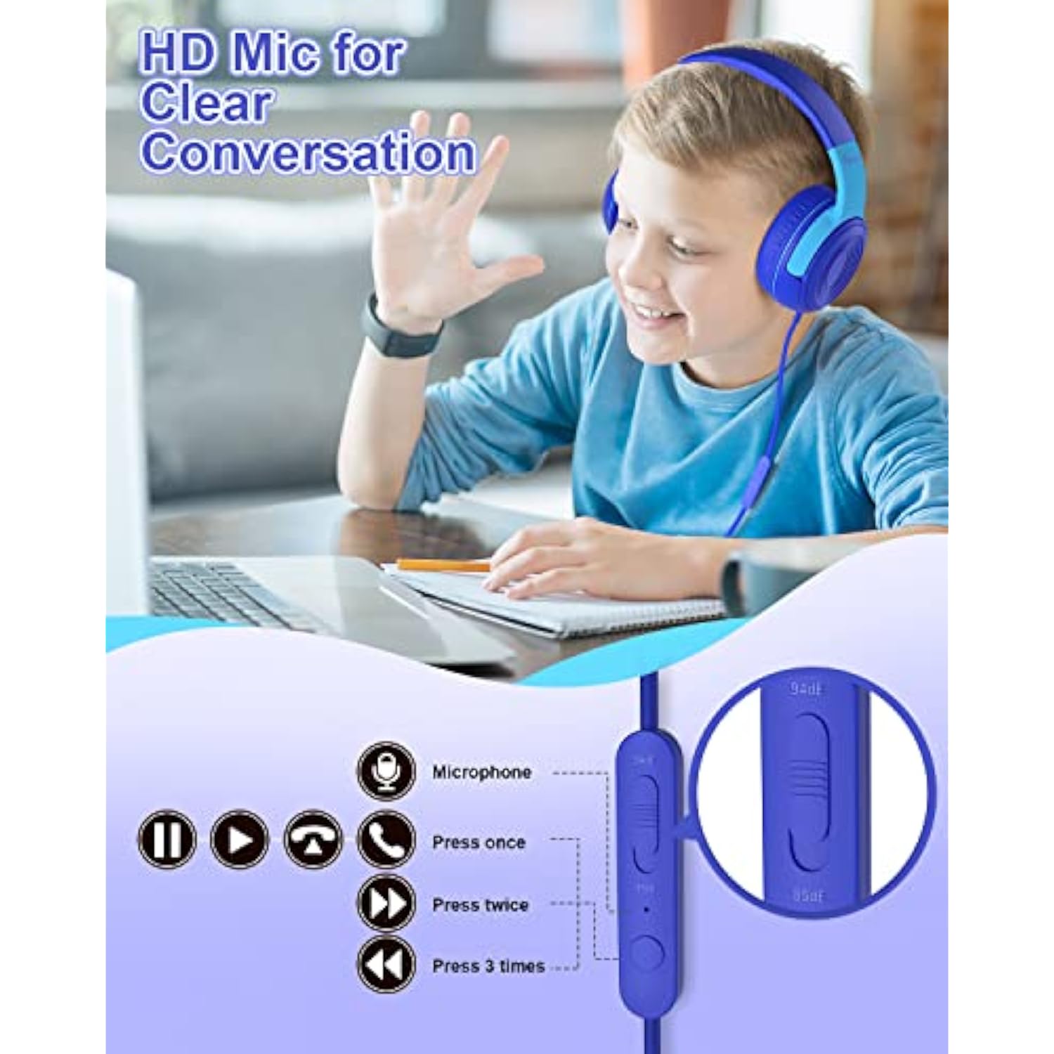 S8 Kids Wired Headphones, 85dB/94dB Limit, Adjustable, Mic, Navy/Blue