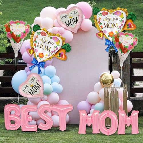 13 Pcs Mothers Day Balloons Mother's Day Party Supplies Heart shapeLove You Balloons for Rose flower Best Mom Thematic Birthday Party Decorations Supplies