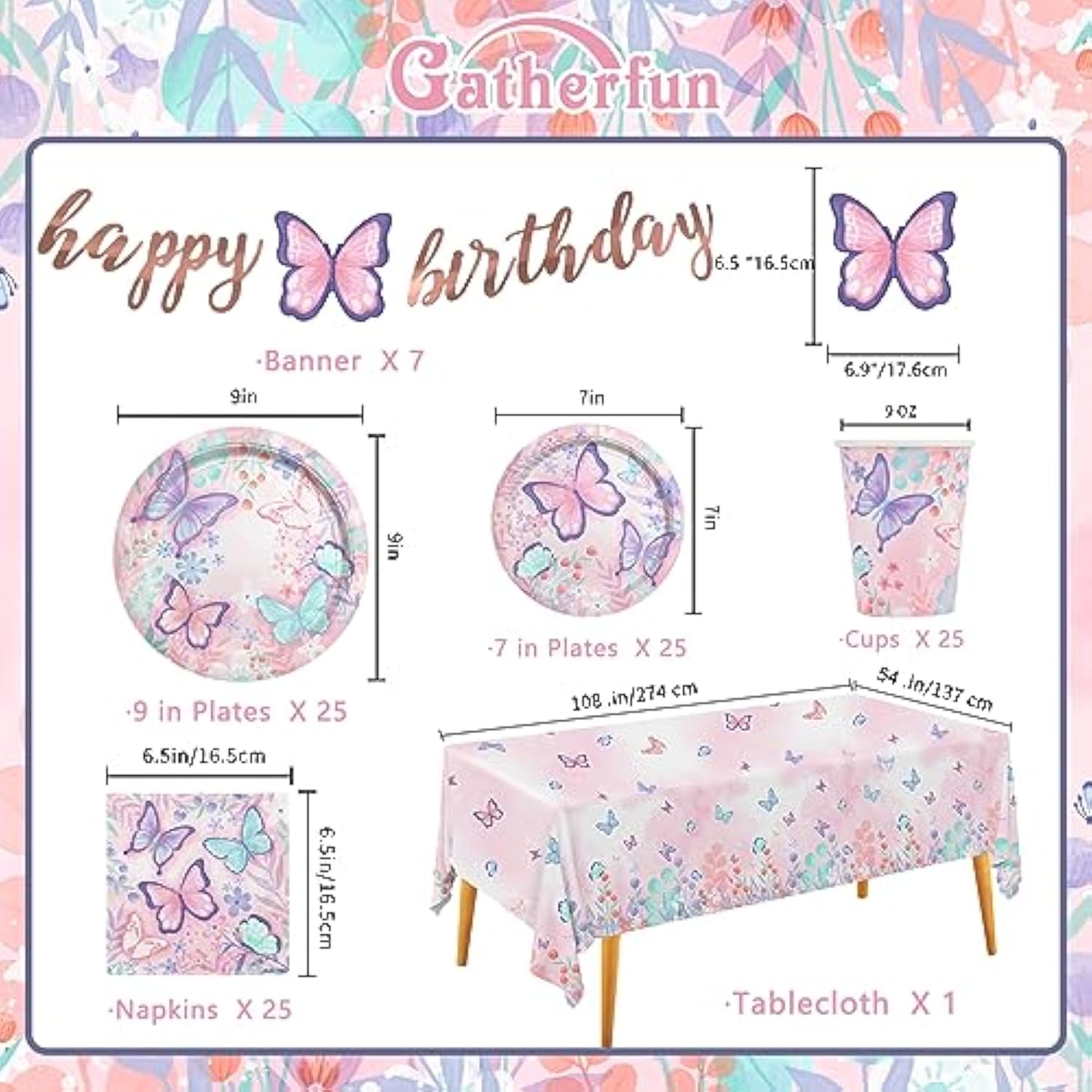 Butterfly Birthday Party Supplies Disposable Paper Plates Napkins Cups Tablecloth And Banner For Butterfly Girl Party Birthday Decorations, Serve 25