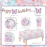 Butterfly Birthday Party Supplies Disposable Paper Plates Napkins Cups Tablecloth And Banner For Butterfly Girl Party Birthday Decorations, Serve 25
