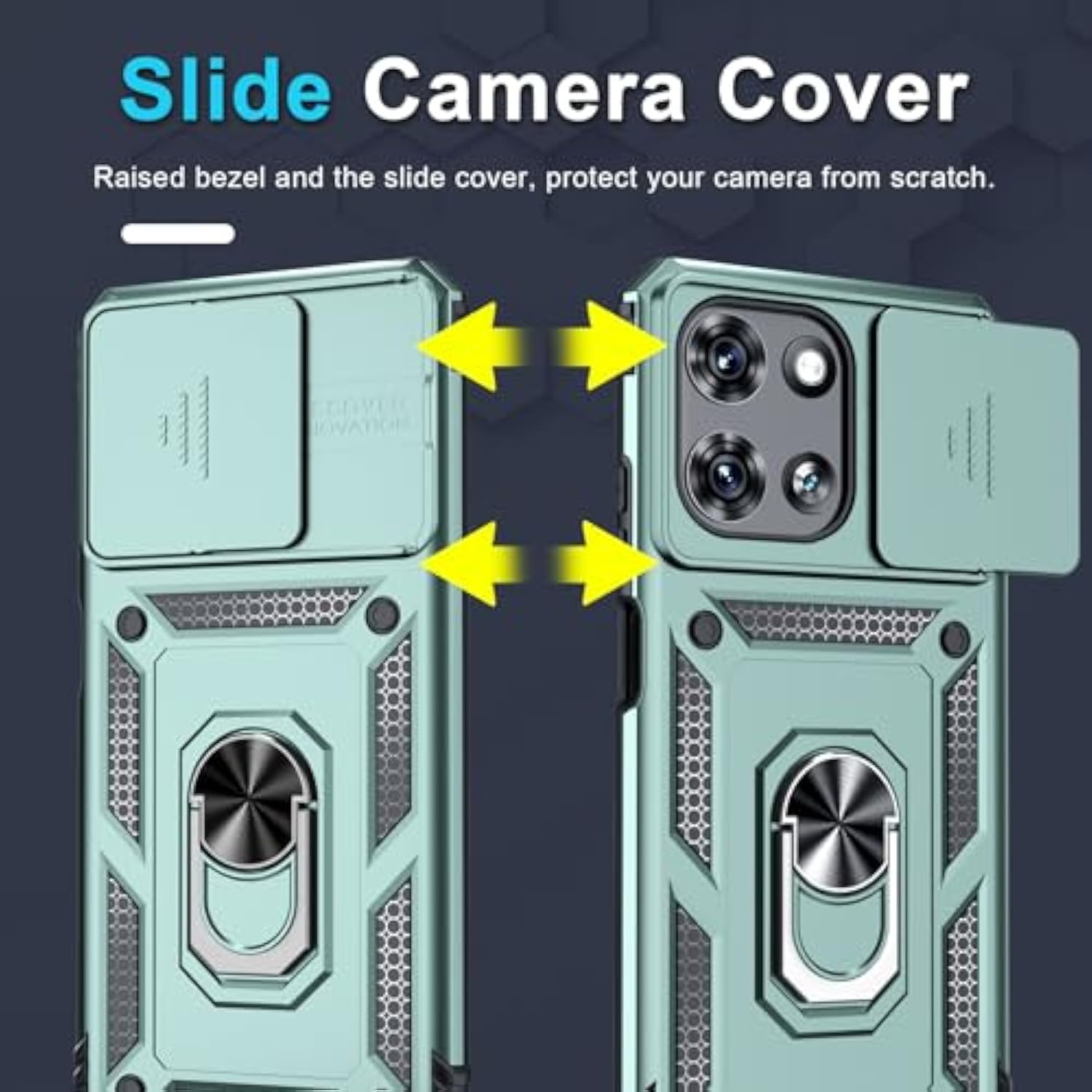 Compatible With Moto G 5G 2025 Case Built In Slide Camera Lens Cover+Screen Protector+Finger Ring Holder Kickstand,Heavy Duty Shockproof Full Body Protective Phone Cover,Dark Green