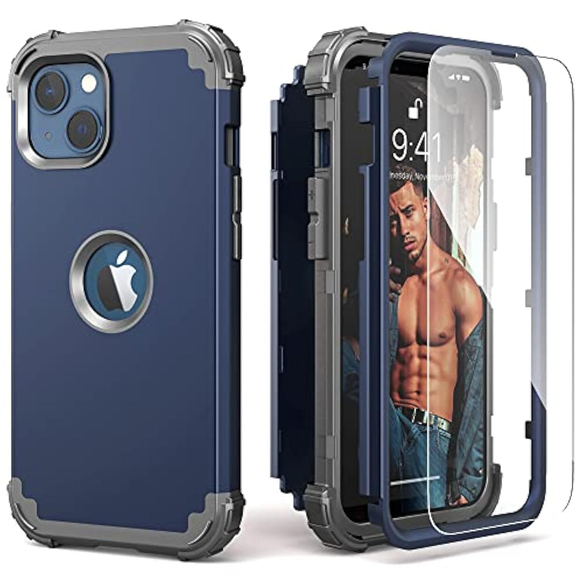 For Iphone 13 Case With Screen Protector, For Iphone 14 Case, Hybrid Shockproof Heavy Duty Protection Hard Pc Cover Soft Silicone Sturdy Bumper Full Body Cover For Iphone 13/14 6.1",Blue