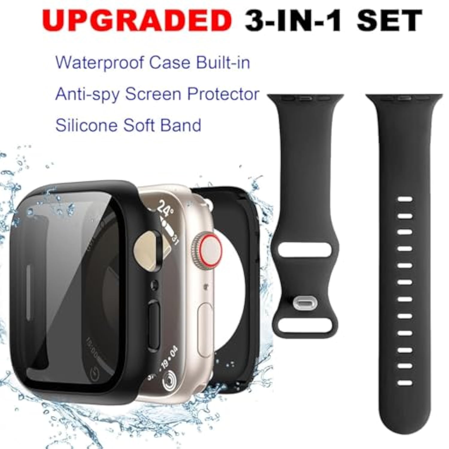 3 In 1 Waterproof Privacy Case For Apple Watch 10 With Band Black,Water Proof Face Cover Built-In Anti Spy Tempered Glass Screen Protector & Silicone Soft Bands For Iwatch Series 10 (Black, 42Mm)