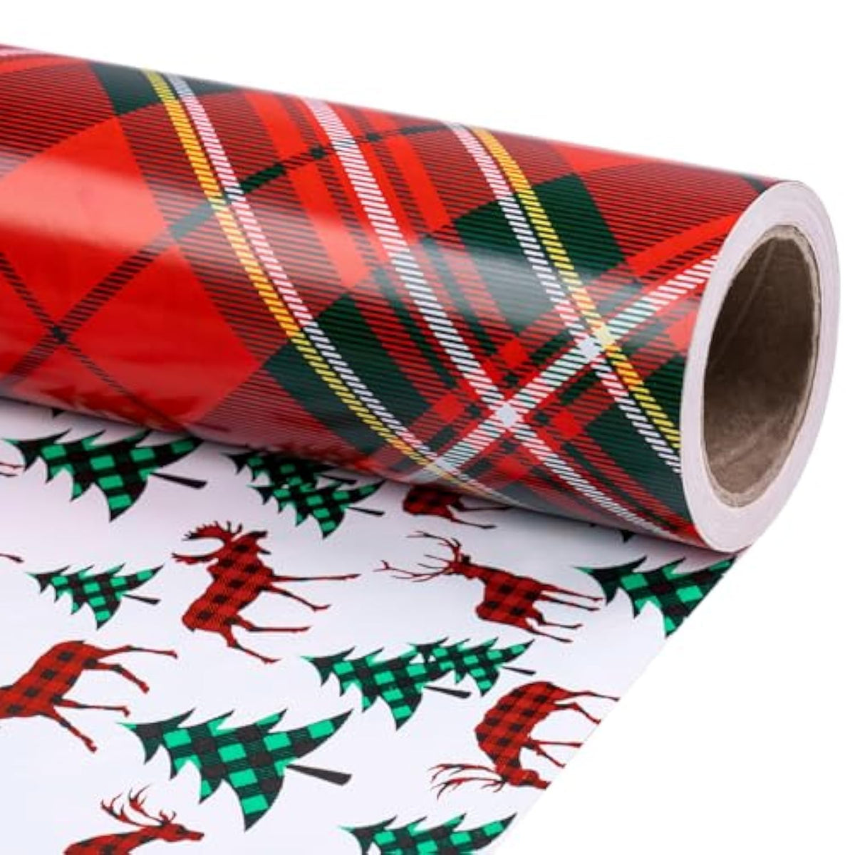 Christmas Reversible Wrapping Paper Roll, Mini Roll, Classic Red Green Tartan Plaid Design And Cute Reindeer With Christmas Tree Pattern Gift Wrap For Holiday Gifts, 17 Inches X 32.8 Feet