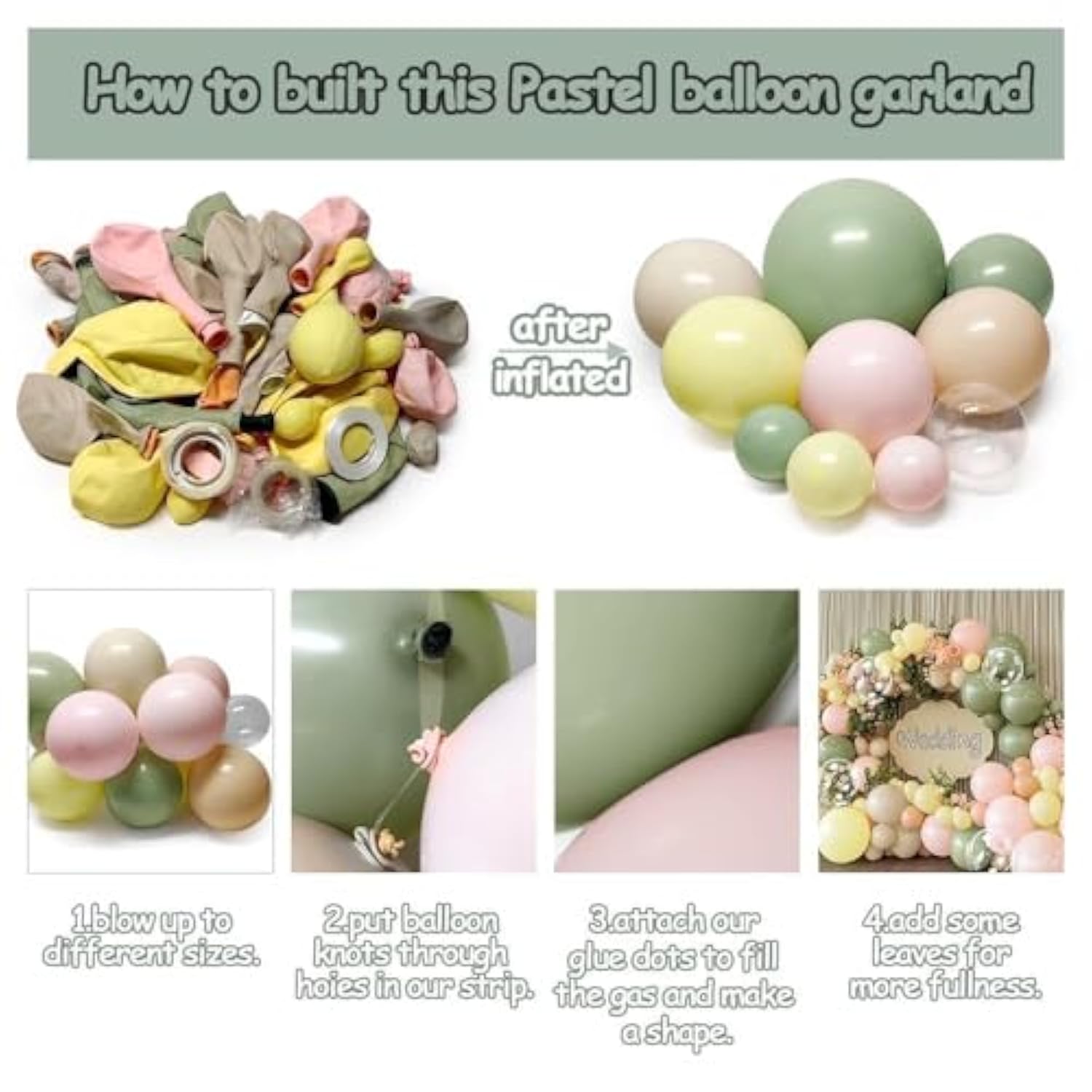 Pink Green Yellow Balloon Arch Kit, Double Stuffed Sage Green Pastel Pink Yellow White Sand Balloon Garland Beige Cream Balloons For Baby Shower Birthday Wedding Easter Fairy Flower Tea Party Decor