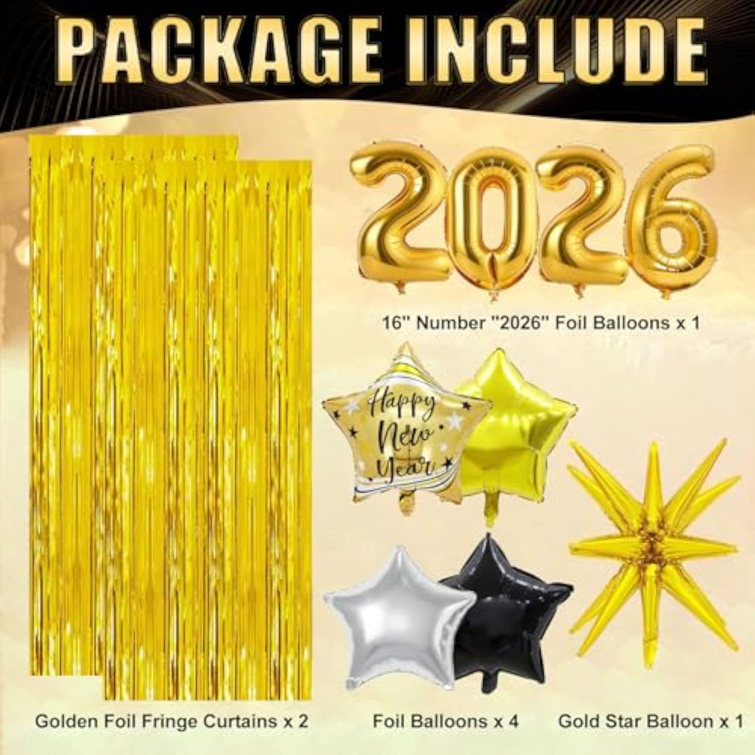 2026 New Year’s Eve Party Supplies Gold Black Balloons Banner Foil Curtains