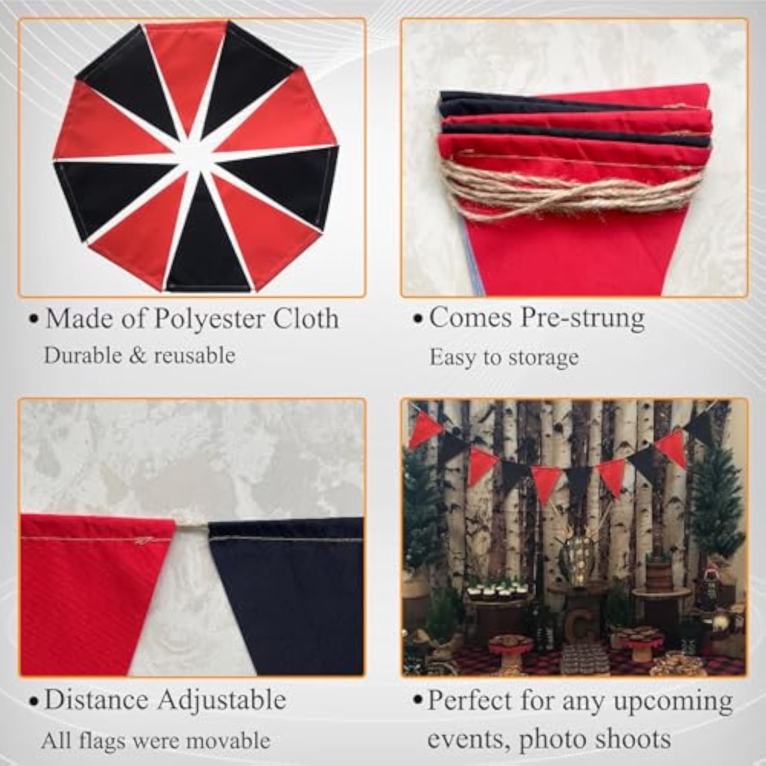 Pre-Strung Black And Red Triangle Flag Banner Garland For Graduation Baby Shower Birthday Party Decorations Indoor Outdoor Photo Backdrop