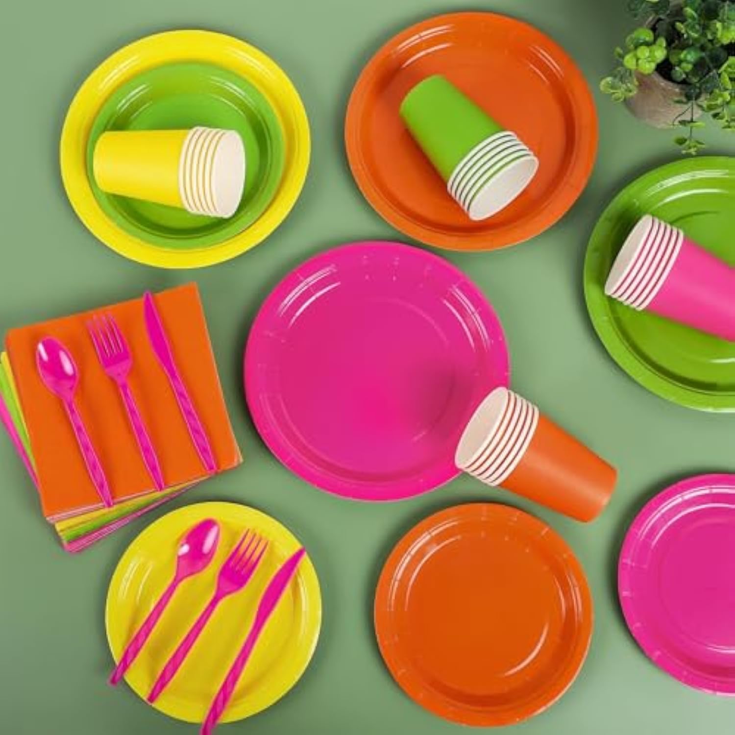 Neon Party Supplies Set (192 Pcs): Plates, Cups, Napkins, Cutlery - 24 Guests