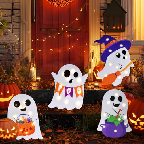 Lighted Cute Ghost Yard Signs, 4 Packs Halloween Decorations Outdoor Scary Witch Pumpkin Boo Signs with Lights for Lawn Garden Yard Stakes Outside Halloween Decoration Decor Clearance