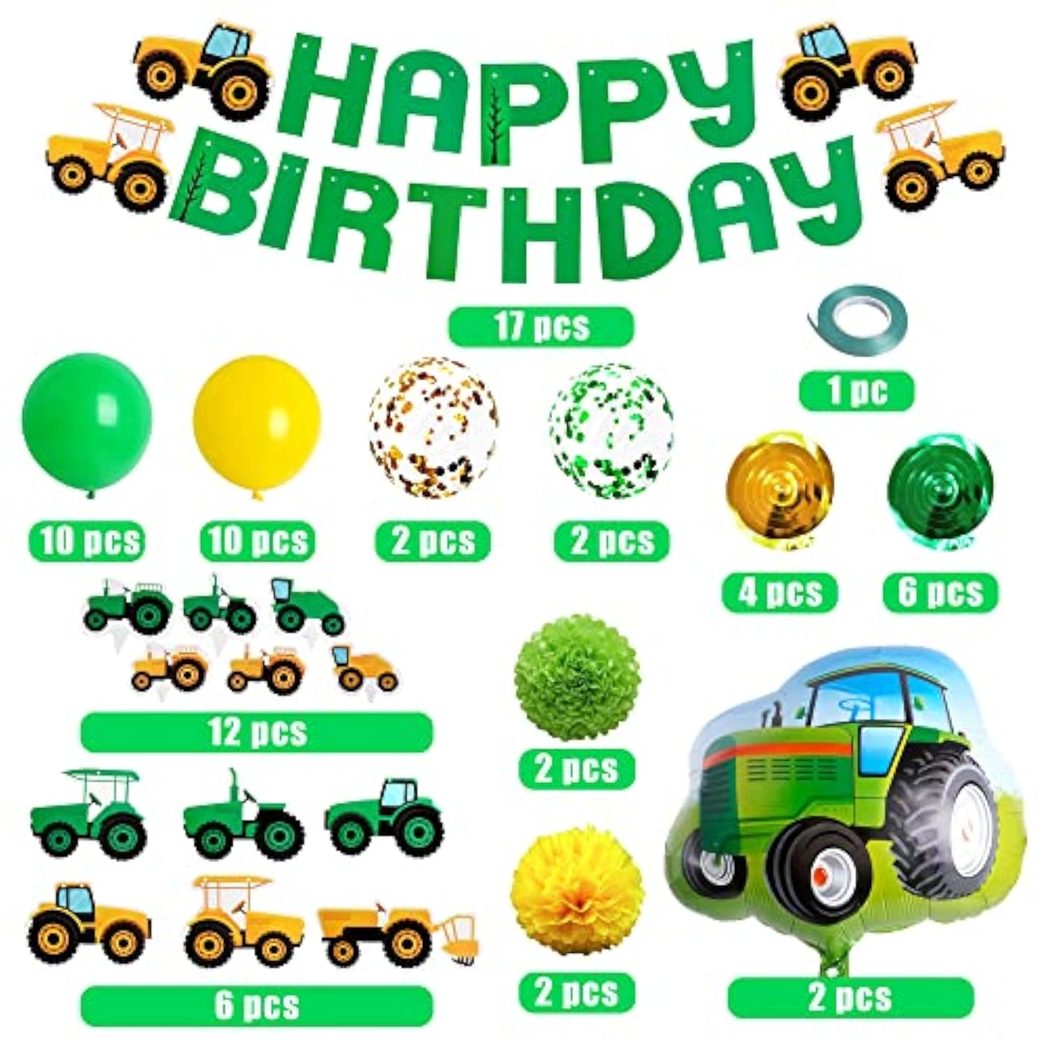 76PCS Green Tractor Party Supplies Tractor Banner Balloons Garland Cupcake Toppers