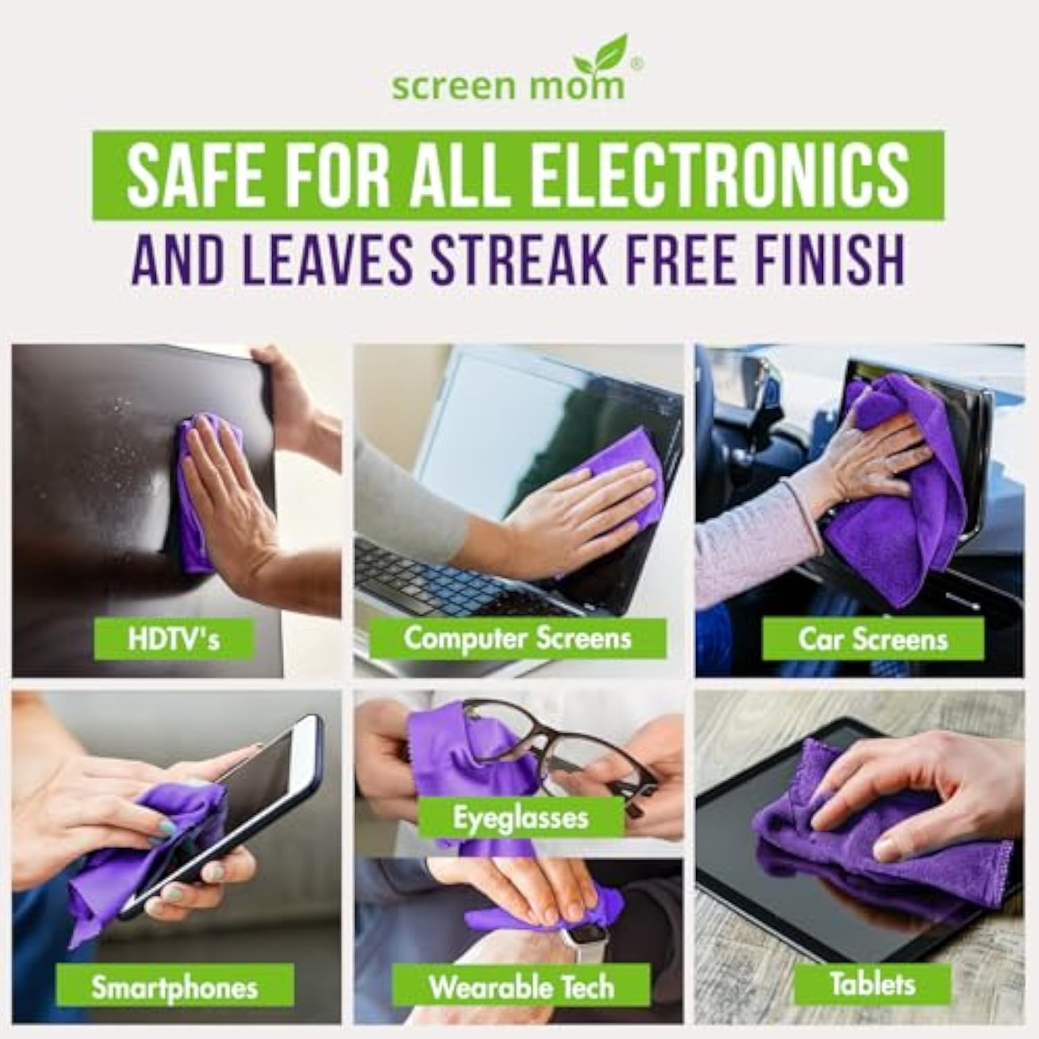 Screen Cleaner Spray and 4 Microfiber Cloths Bundle 8oz & 2oz, by Screen Mom, Eyeglasses or Monitor Screen Cleaner Spray and Wipe, Electronic Cleaner Spray, Car Screen Cleaning Kit