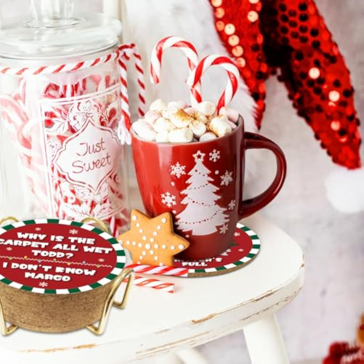 Christmas Vacation Merch Gift, 6 Pcs Funny Holiday Coasters With Metal Holder, Griswold Family Cousin Eddie Christmas Vacation Decorations, Xmas Home Table Decor Party Supplies, White Elephant Gifts