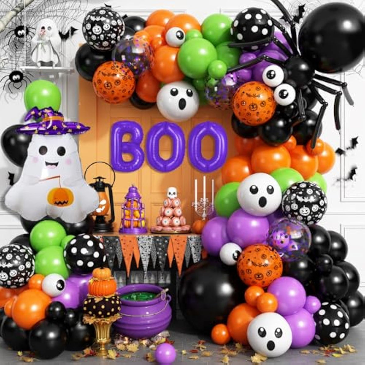 Halloween Balloon Arch Kit: Ghost, Spider, BOO - Purple, Orange, Black