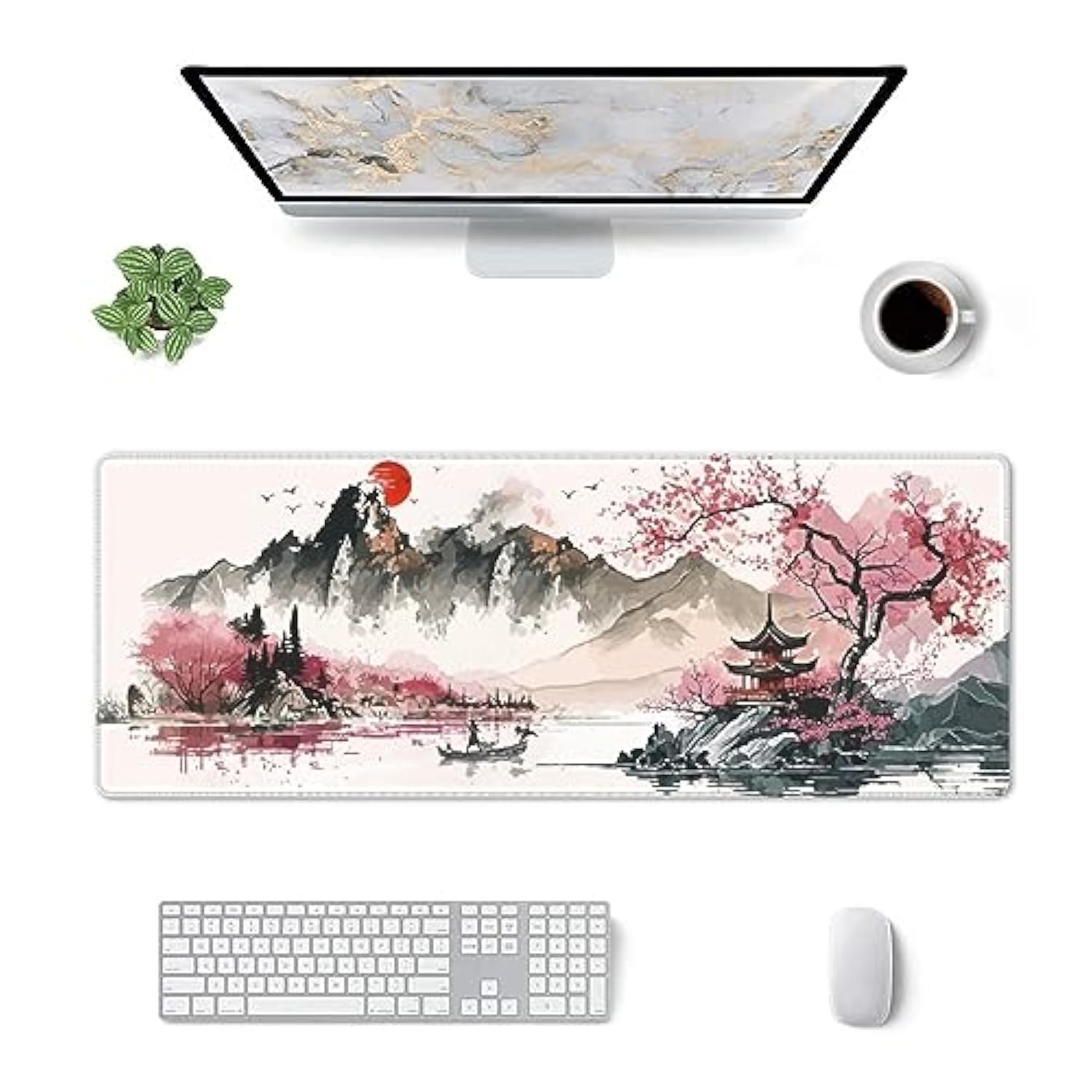 Watercolor Cherry Blossom Large Mouse Pad For Desk 31.5X11.8 Inch Japanese Sakura Gaming Mouse Pad With Non-Slip Base Big Waterproof Mousepad Xl Mouse Pads With Stitched Edges For Gaming And Office