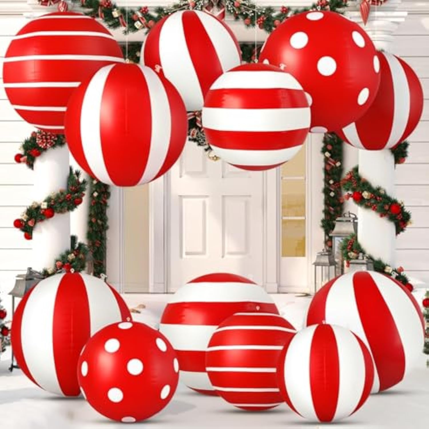 Christmas Decorations Outdoor: 12Pcs Red & White Peppermint Candy Inflatable Christmas Balls, Big And Small Pvc Balls Xm