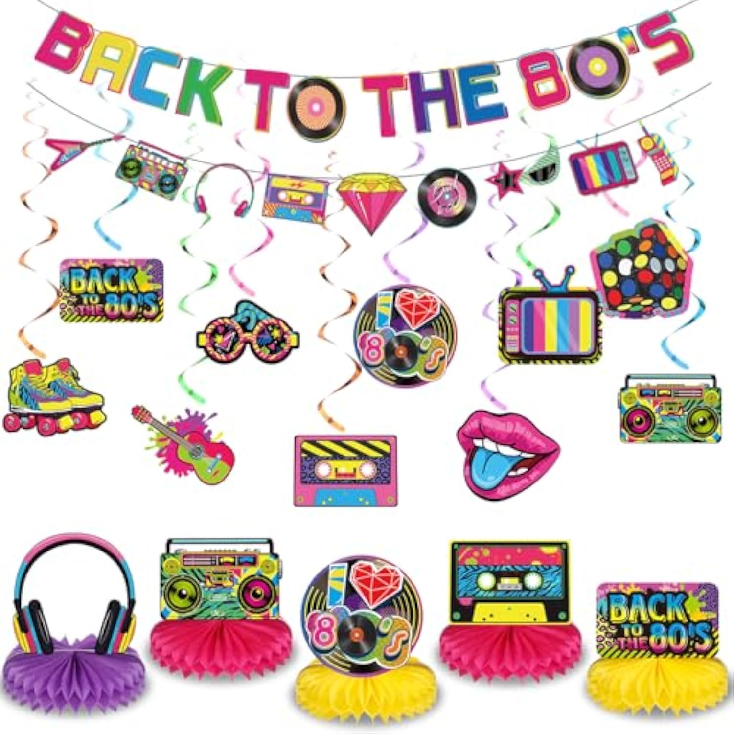 27 Pcs 80S 90S Party Decorations 1980S 1990S Hip Hop Banner Hanging Swirls Ceiling Honeycomb Decoration For Back To The 1980S 1990S Throwback Birthday Neon Party Decor Supplies(80S)