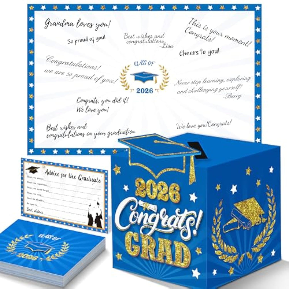 Graduation Decorations Blue And Gold 2025 - Guest Book Alternative, Graduation Cards Box With 36Pcs Graduation Advice Cards, Signature Board Congrats Grad Decoration Graduation Supplies 2025