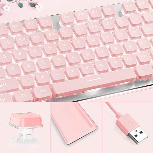 Computer Keyboard, Backlit Led Pink For Office, All-Metal Panel Usb Wired Membrane, 25 Keys Anti-Ghosting, 104 Keys Laptop Compatible