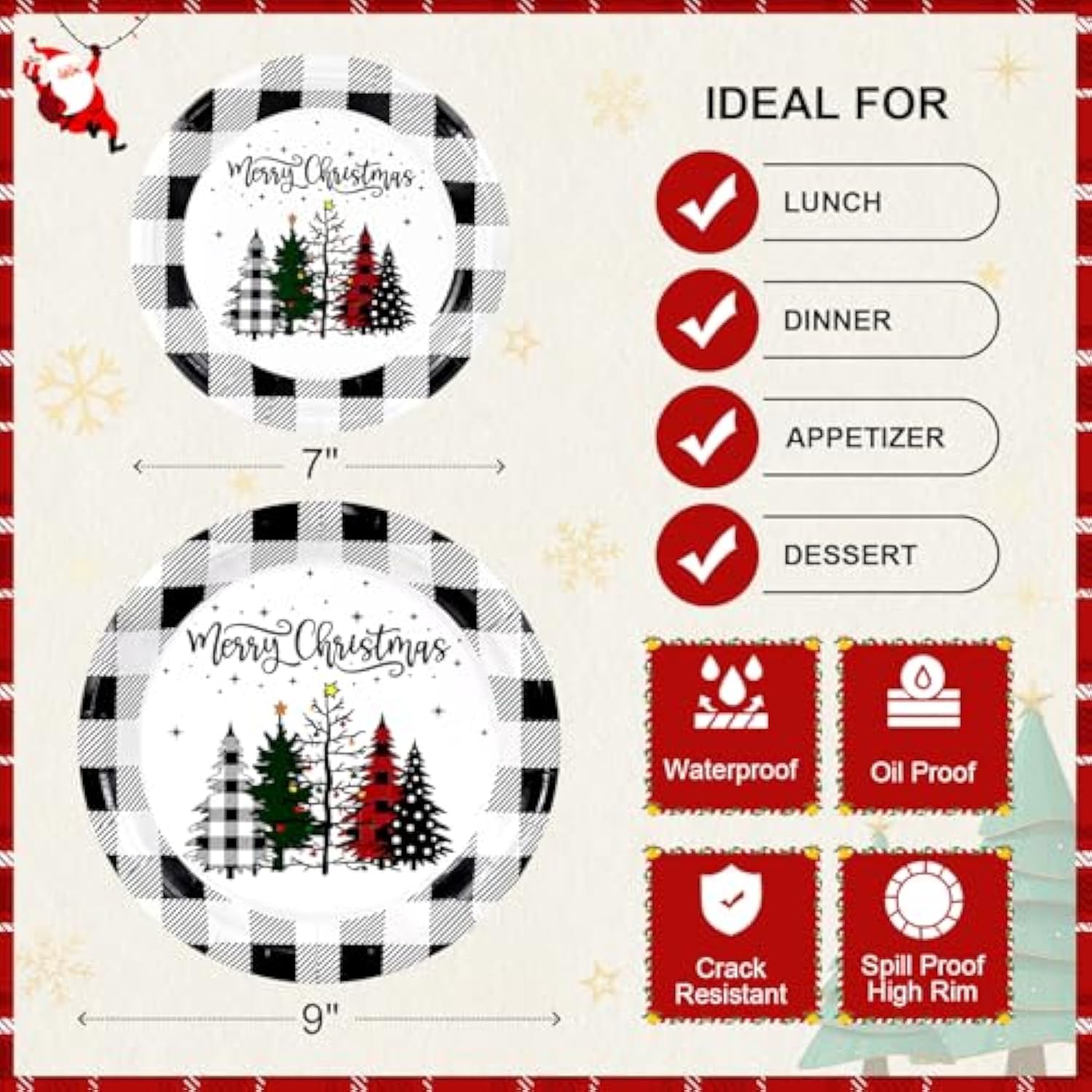 50 Christmas Paper Plates Disposable Set Includes 25-9" & 25-7" Xmas Buffalo Plaid Dessert Dinner Plates For Party Supplies(Black,White,Plaid)