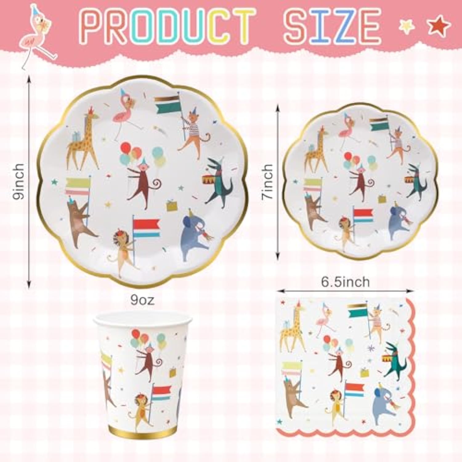 100 Pcs Animal Parade Party Plates Set, Including 9 Inch And 7 Inch Animal Parade Paper Scalloped Plates, Cute Disposable Napkins And Paper Cups For Kids Birthday Decorations, Baby Shower