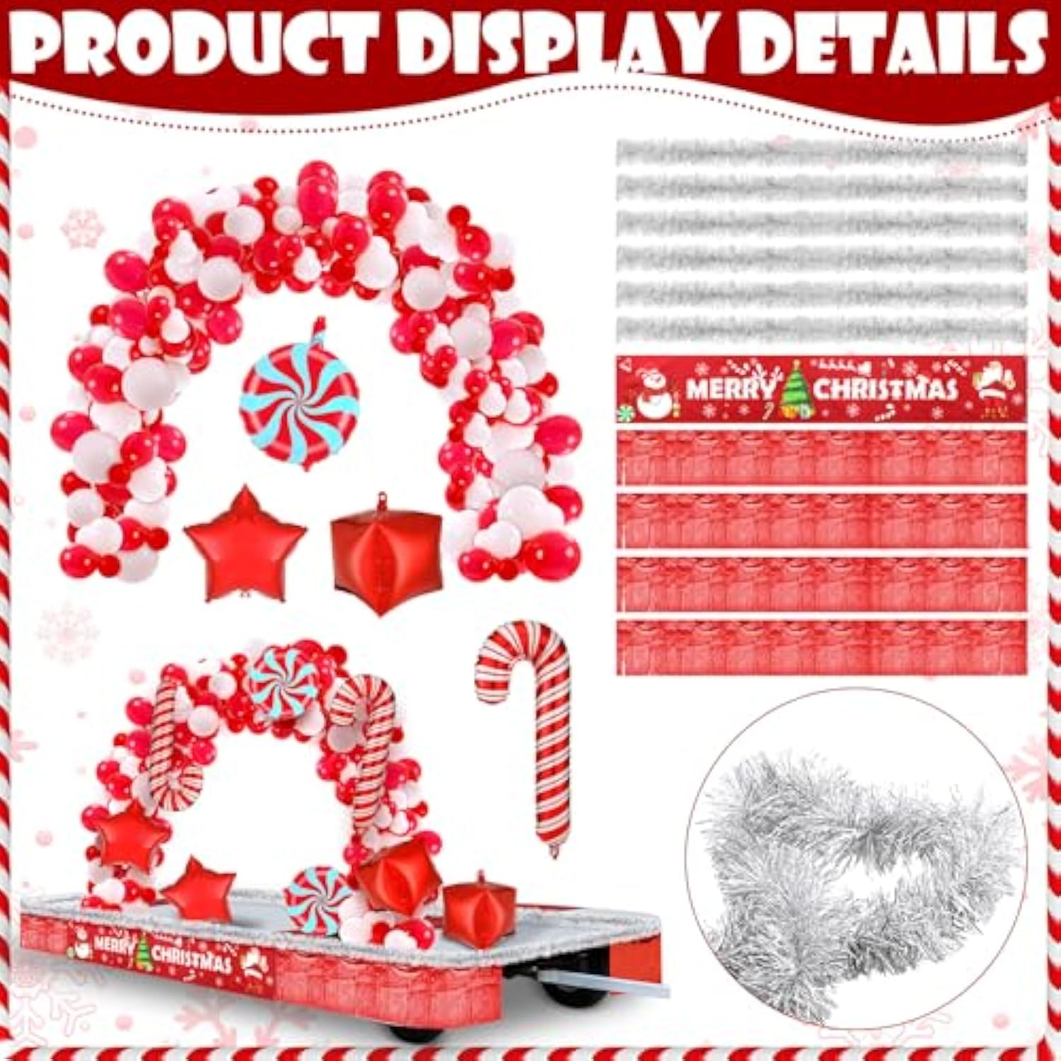 12 Pcs Christmas Parade Float Decorating Kit, Xmas Balloon Garland Arch Kit Merry Christmas Banner Metallic Red Foil Fringe Metallic Tinsel Twist Garland For Party Decor (Sliver)