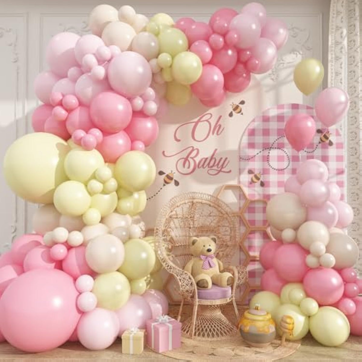 Pink And Yellow Balloon Arch Kit 119Pcs Pastel Light Pink Yellow White Sand Balloons Garland Kit For Girls Cartoon Bee Bear Themed Birthday Bridal Baby Shower Wedding Spring Holiday Party Decorations