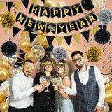 Happy New Years Decorations 2026, Black And Gold New Years Banner, Triangle Flag Banner And Hanging Swirls, Pompoms With Confetti Balloons, Glasses, Eve Party Supplies 2026