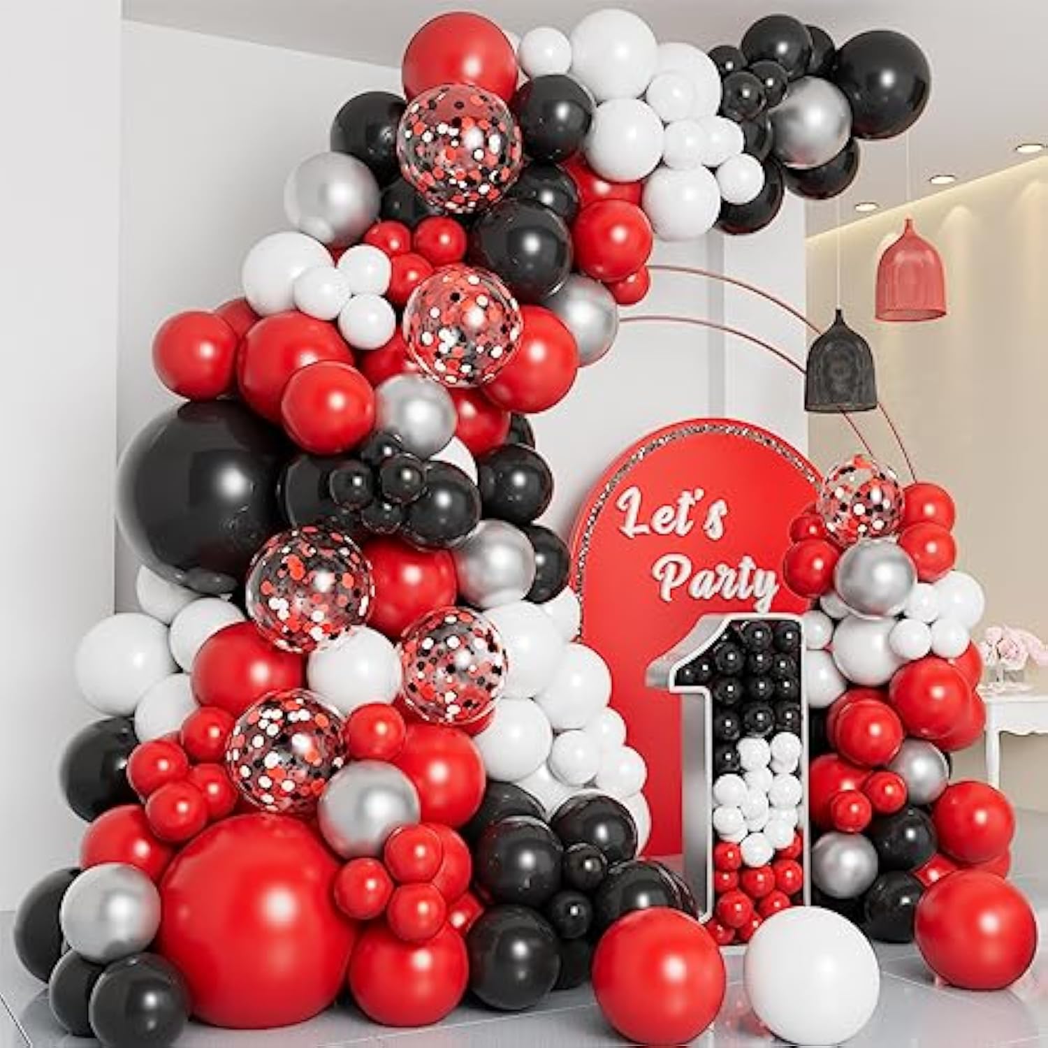 Red Black And White Balloon Garland Arch Kit With Different Size Red Black White Silver Confetti Balloons For Shower Birthday New Year Graduation Wedding Racing Car Poker Party Decorations