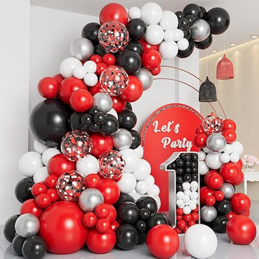 Red Black And White Balloon Garland Arch Kit With Different Size Red Black White Silver Confetti Balloons For Shower Birthday New Year Graduation Wedding Racing Car Poker Party Decorations