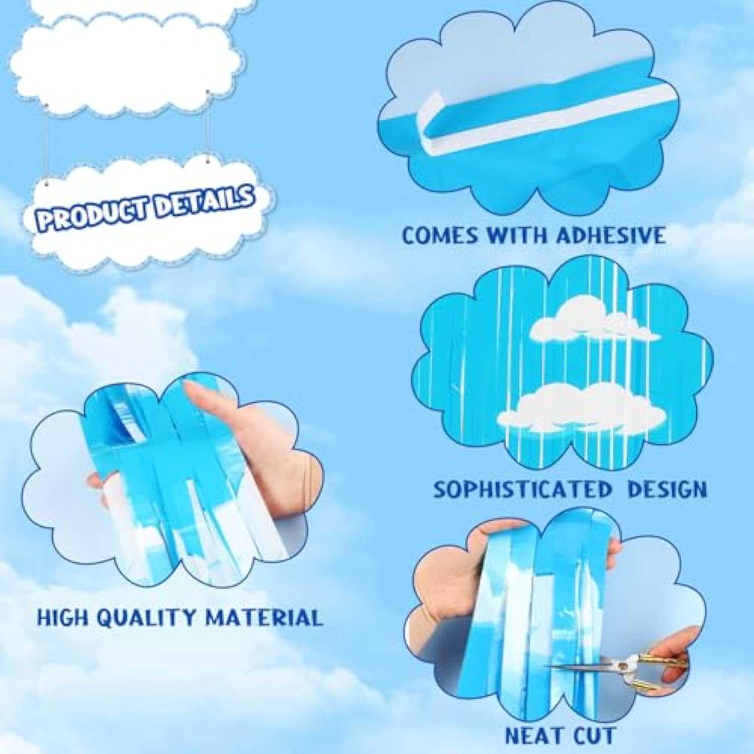 Blue Sky White Clouds Birthday Party Tinsel Fringe Curtains 3-Pack