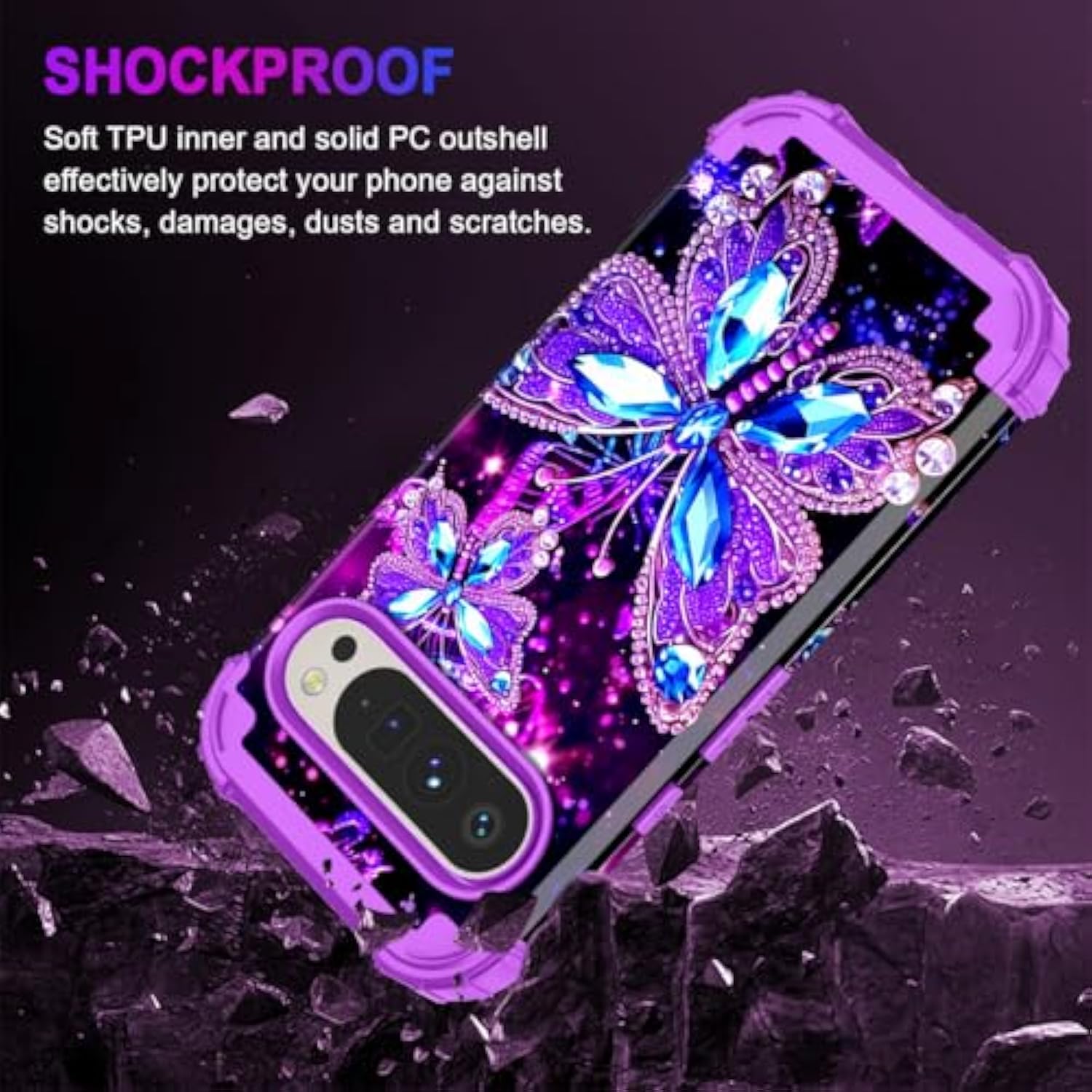 For Google Pixel 9 Case/Pixel 9 Pro Case,Glow In The Dark Three Layer Heavy Duty Shockproof Full Body Protection Hard Plastic Bumper+Soft Silicone Case For Google Pixel 9/9 Pro,Dark