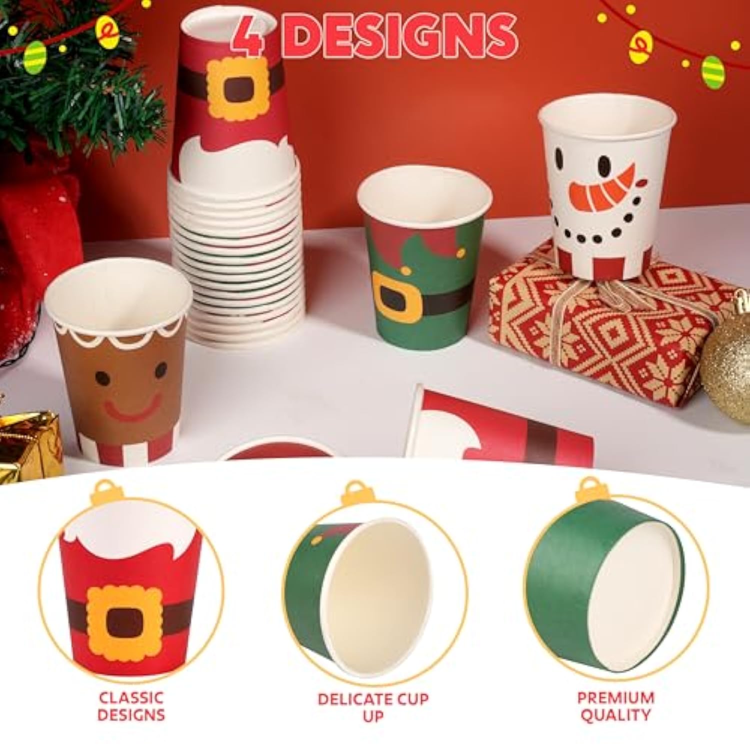 48 Pcs Merry Christmas Disposable Cups, 4 Designs Xmas Drinkware 9 Oz Paper Cup, Snowflake Santa Elk Christmas Cups For Hot Chocolate Coffee Cold Beverage Holiday Tableware Supplies Favors