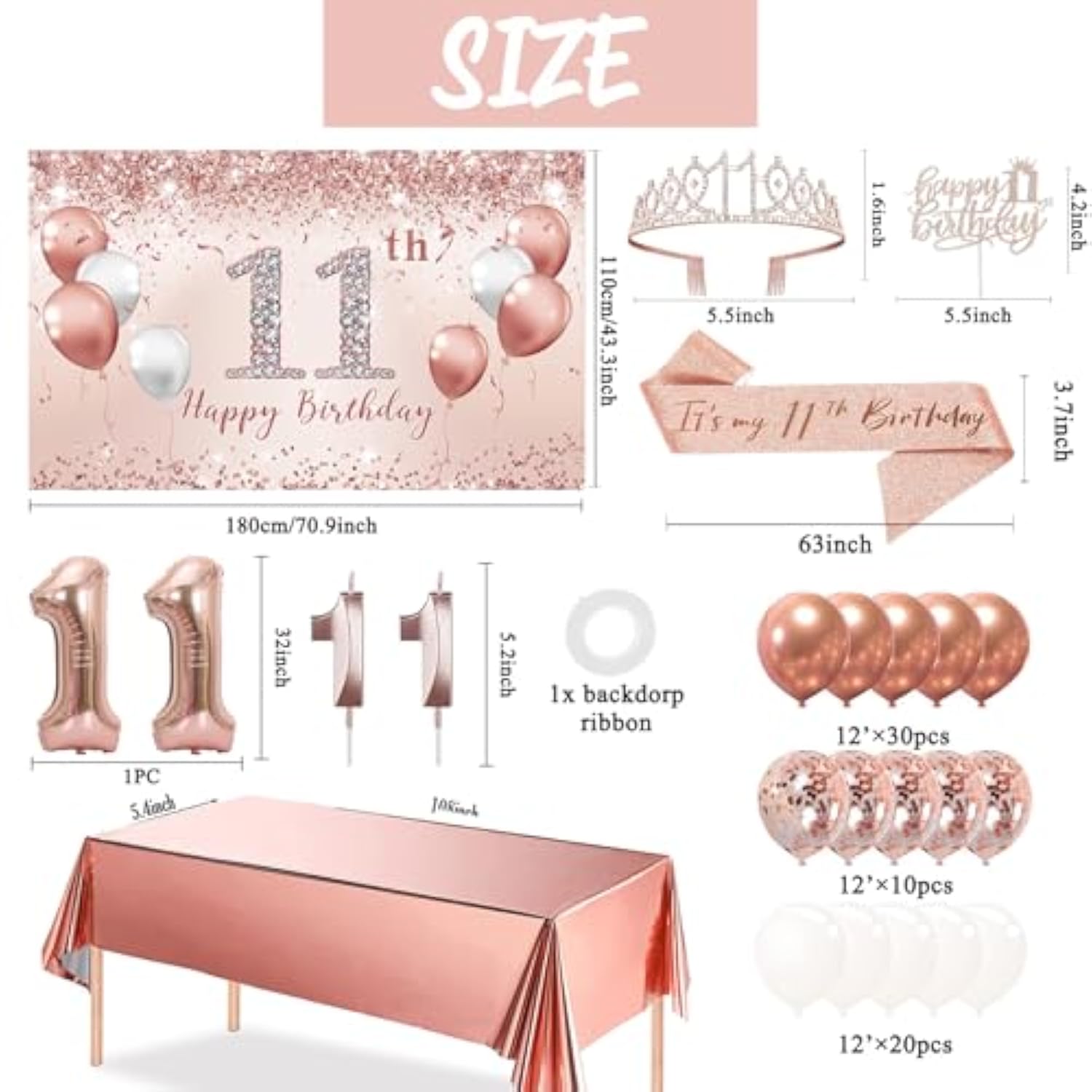 11Th Birthday Decorative Balloon Set Girls Arch, Rose Gold 11Th Birthday Banner And Party Tablecloth, Belt And Tiara, Pink Gold 11Th Balloon, Pink Birthday Cake Top, Latex Balloon * 60