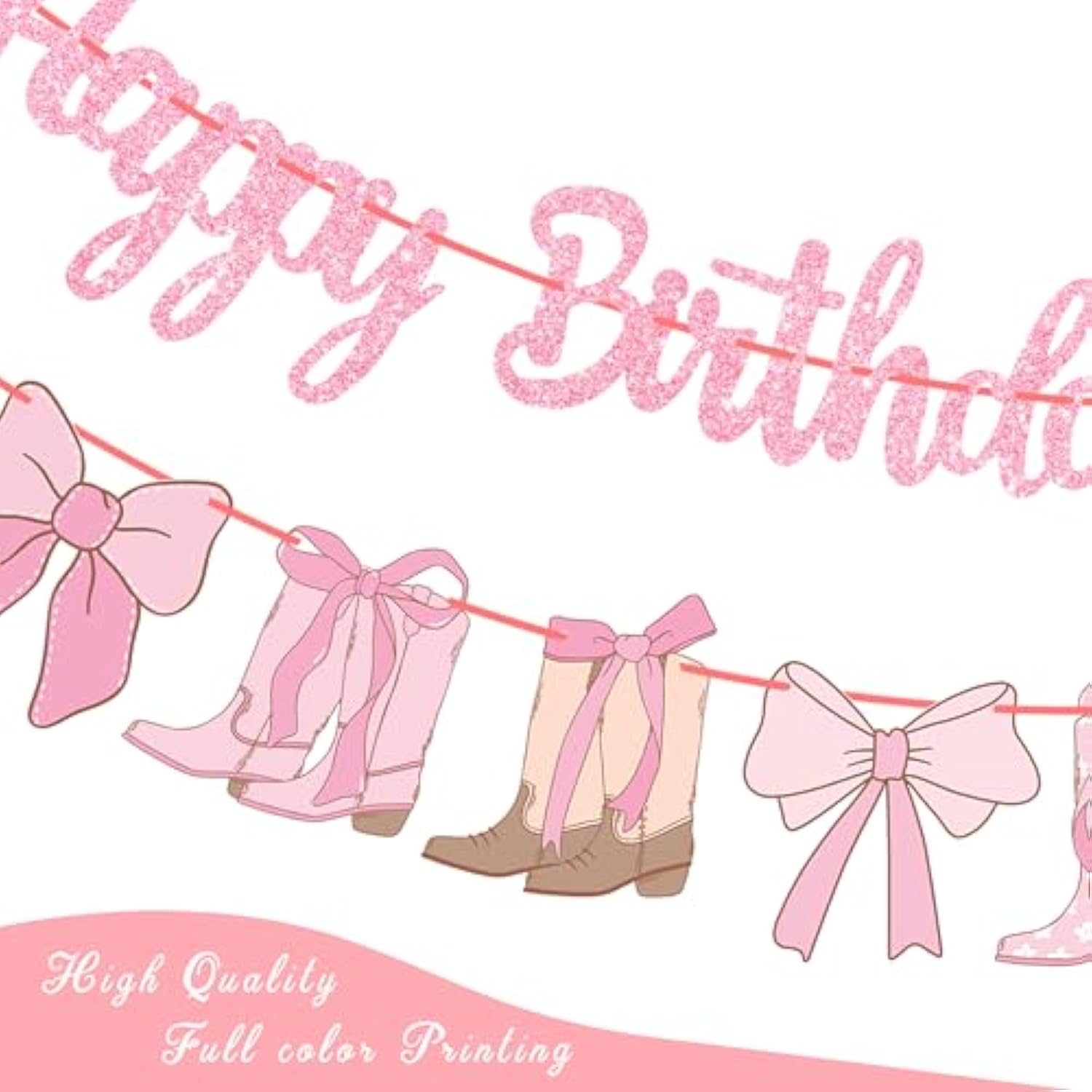 3Pc Coquette Cowgirl Birthday Banners Pink Glitter Boots & Bows Western Decor