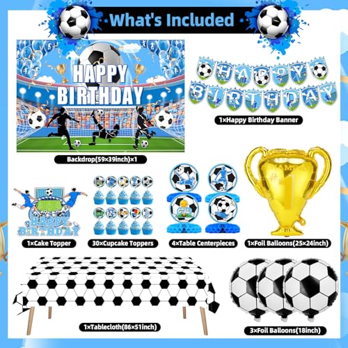 Soccer Birthday Party Decorations, 135PCS Blue Soccer Party Decorations Supplies with Latex Balloons Happy Birthday Banner Tablecloth Backdrop Honeycomb Sport Decorations Kit for Boys Men World Cup