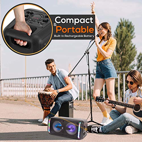 Bluetooth Speaker & Microphone System - Portable Stereo Karaoke Speaker with Wired Mic, Built-in LED Lights, MP3/USB, FM Radio (6.5 Subwoofers, 500