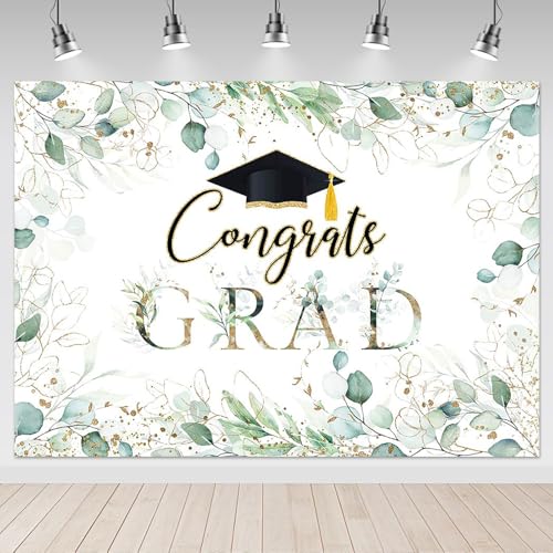 Greenery Graduation Backdrop 7x5ft - Congrats Grad Class of 2026 Graduate Party Background, Green Golden Leaves Graduation Party Decorations Photography Background