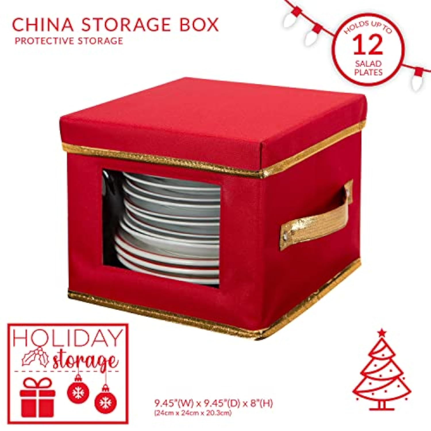 Holiday Salad Plate Dinnerware Storage Box | 9.45 Inch | Christmas China | 12 Felt Dividers | Tableware Setting | Red