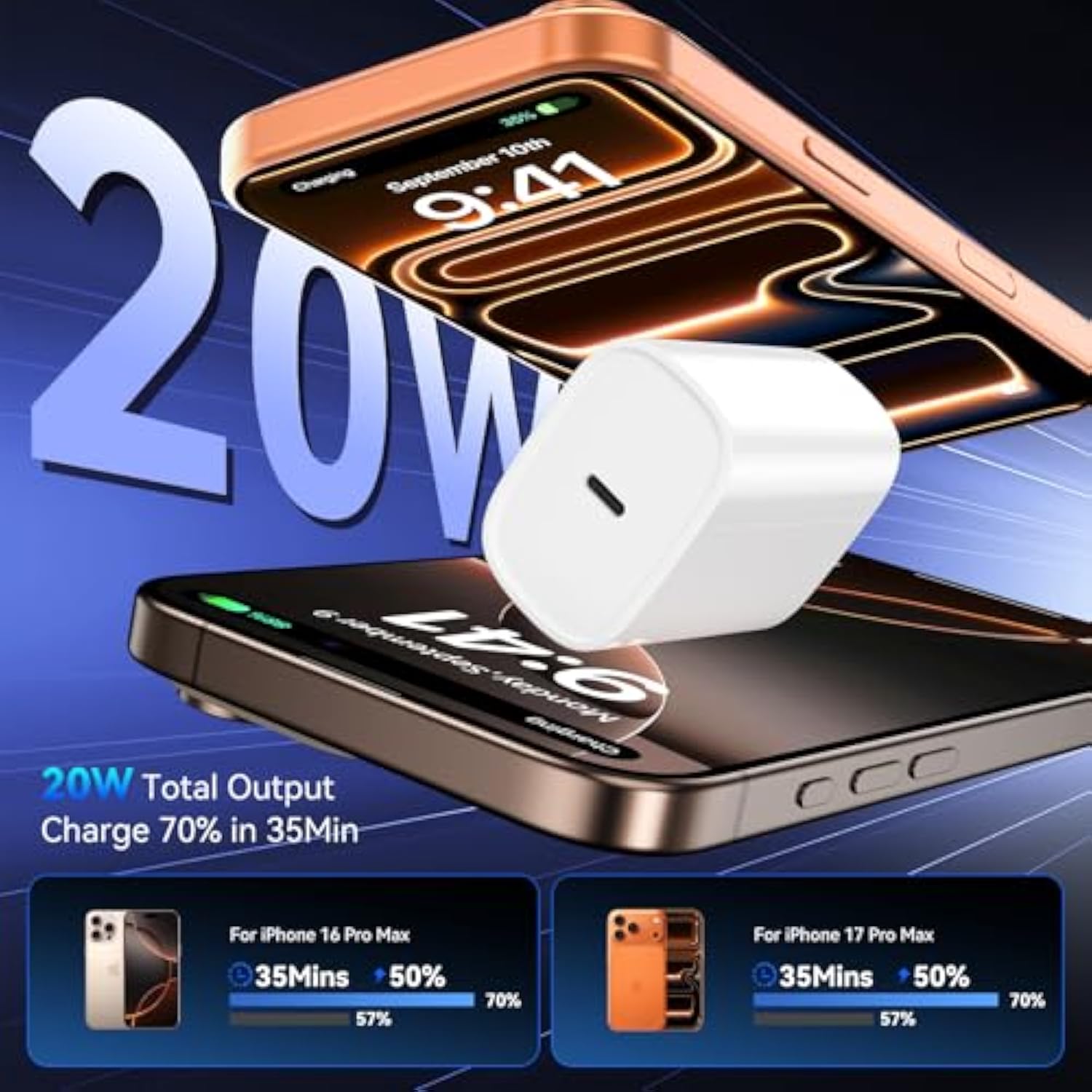 20W iPhone 15 Pro Fast Charger with 10ft USB C Cable for iPhone, iPad, Galaxy