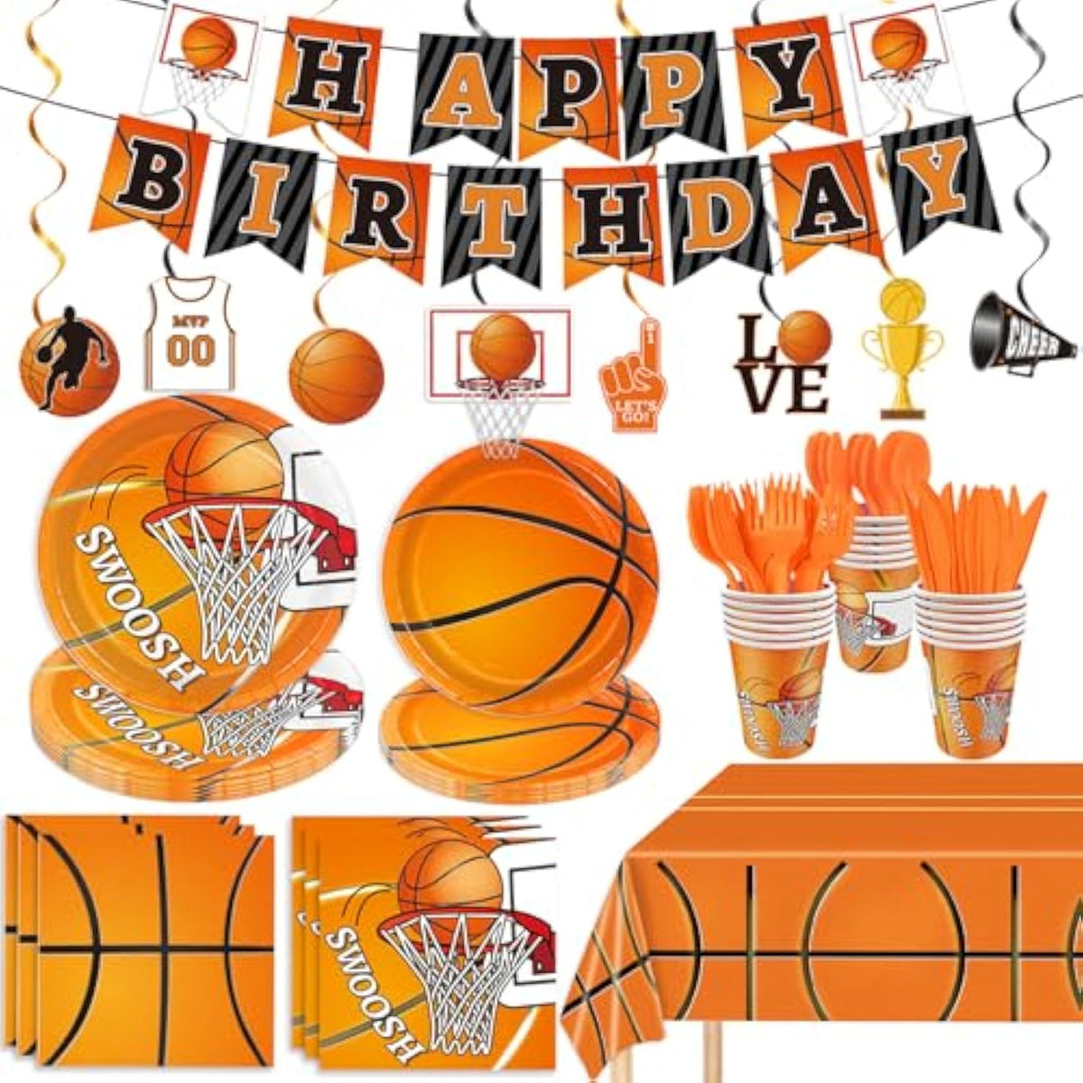 178 Pcs Basketball Theme Birthday Party Decorations Basketball Party Supplies Set Include Plates, Napkin, Cup, Fork, Knives, Spoon, Tablecloth, Banner For Kids And Adults, Serves 24 Guests