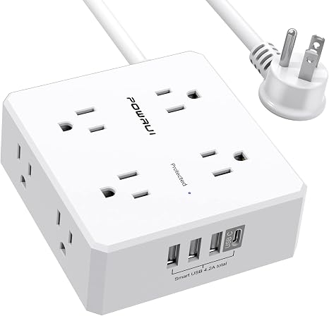 10FT Surge Protector Power Strip 8 Outlets 4 USB Ports 1 USB C Flat Plug White