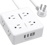 10FT Surge Protector Power Strip 8 Outlets 4 USB Ports 1 USB C Flat Plug White