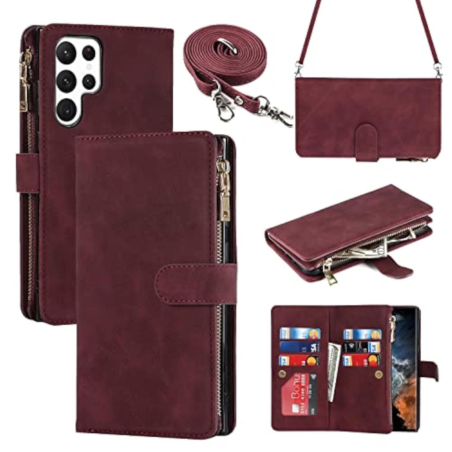 For Samsung Galaxy S22 Ultra Wallet Case With Card Holder, Kickstand Feature Pu Leather Case With Adjustable Crossbody Lanyard Magnetic Clasp Zipper Pocket Flip Cover (Claret)