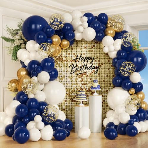 136PCS Navy Blue Ivory Gold Balloon Arch Kit with Confetti Latex Balloons for Birthday, Graduation, Wedding, Corporate Events, Cruise Ship Parties & Elegant Backdrops