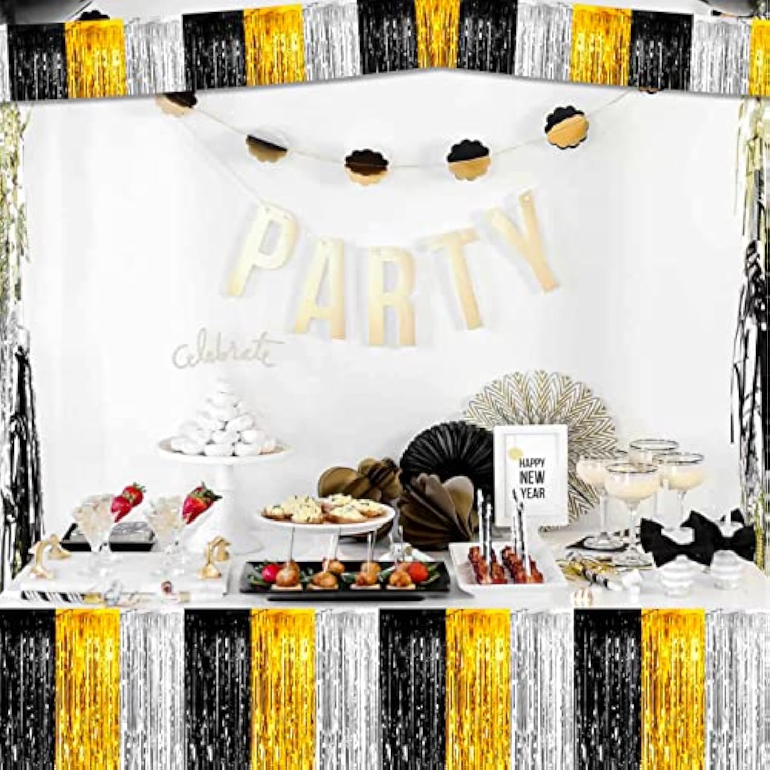 10 Pack 10 Feet Foil Fringe Garland Metallic Tassle Banner Wall Hanging Tinsel Streamers Backdrop For Parade Floats, Notorious One Birthday Roaring 20S Graduation Party Decorations(Black Gold Silver)