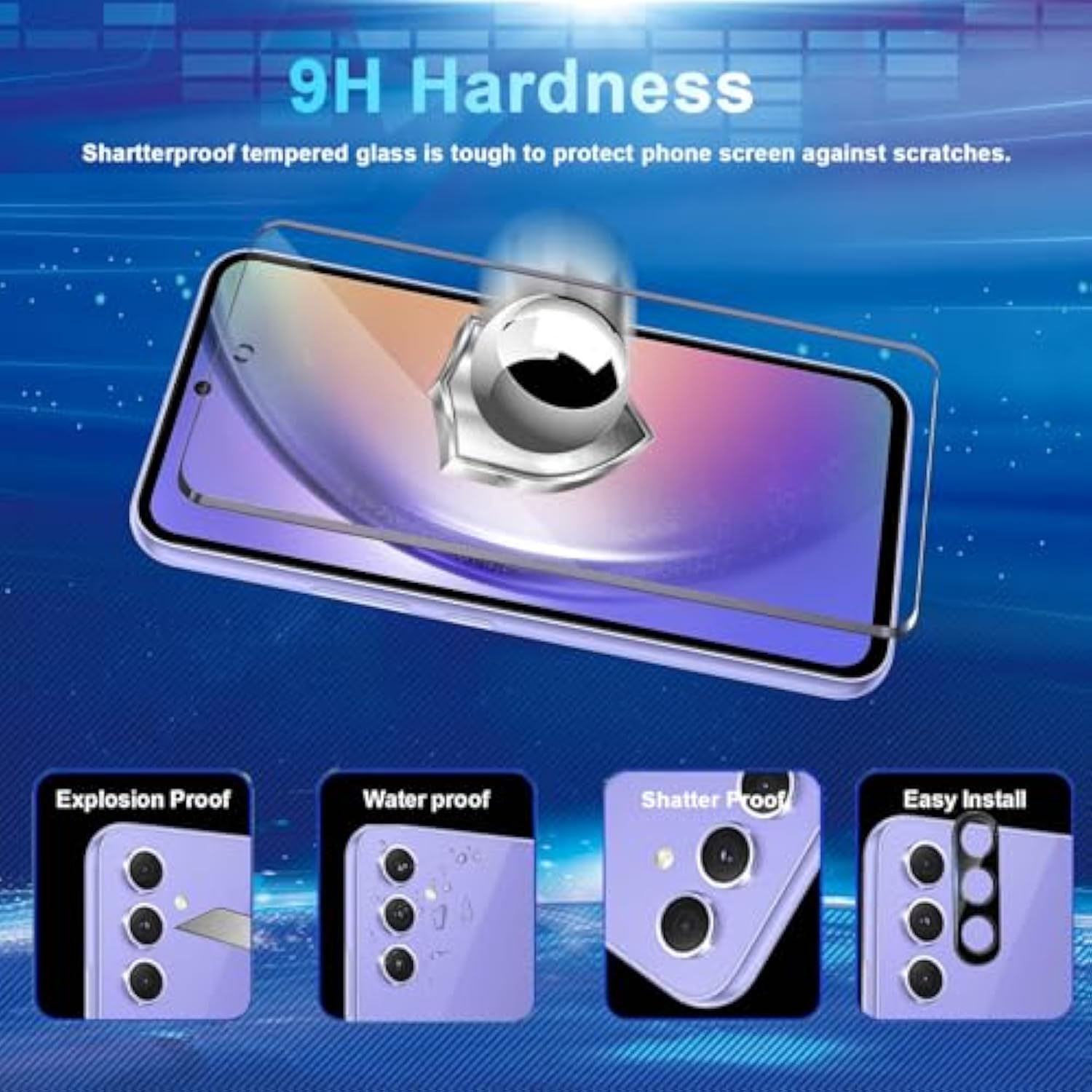 [4+3 Pack Screen Protector Compatible With Galaxy A54 5G, 4 Tempered Glass With 3 Camera Lens Protectors, High Clarity, Anti-Shatter, Bubble Free